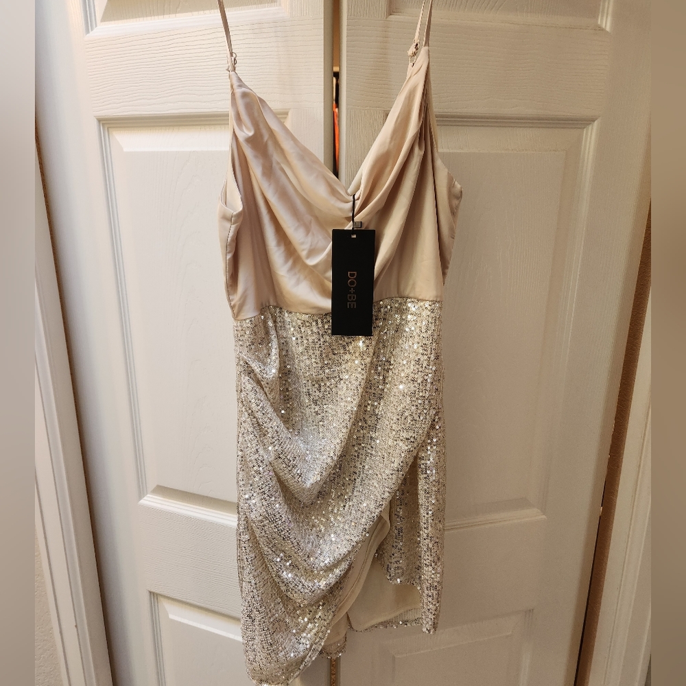 DO+BE Champagne and Silver Asymmetrical Sequin Slip Dress